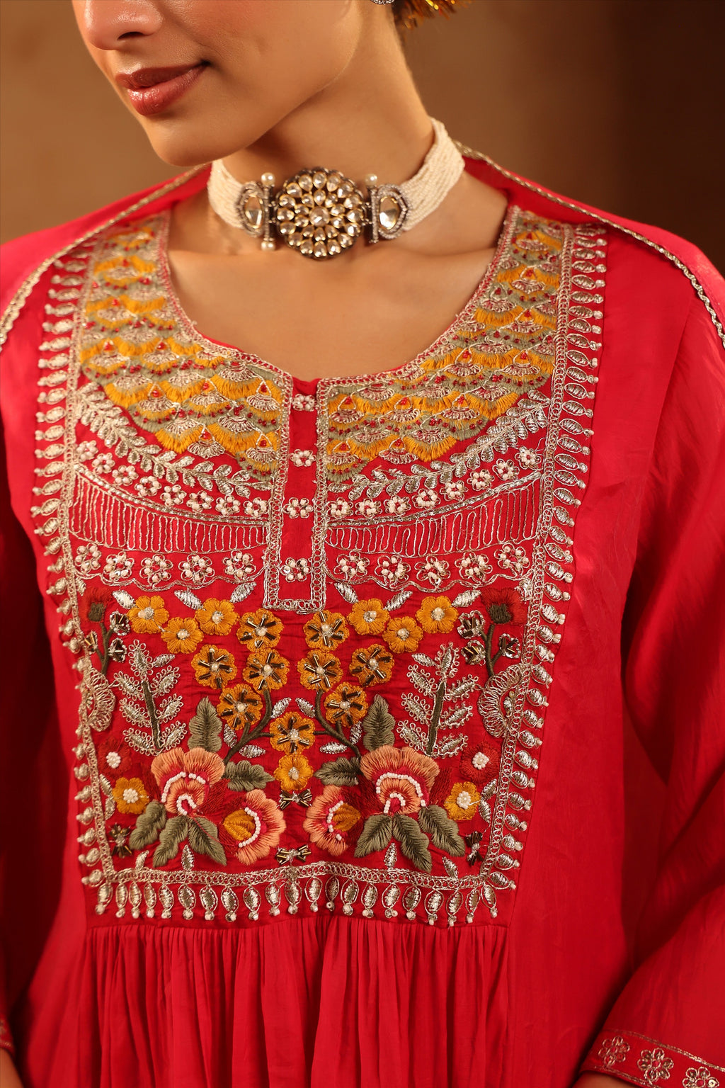 Elegant Red Anarkali Kurta Set with Heavy Embroidery & Dupatta