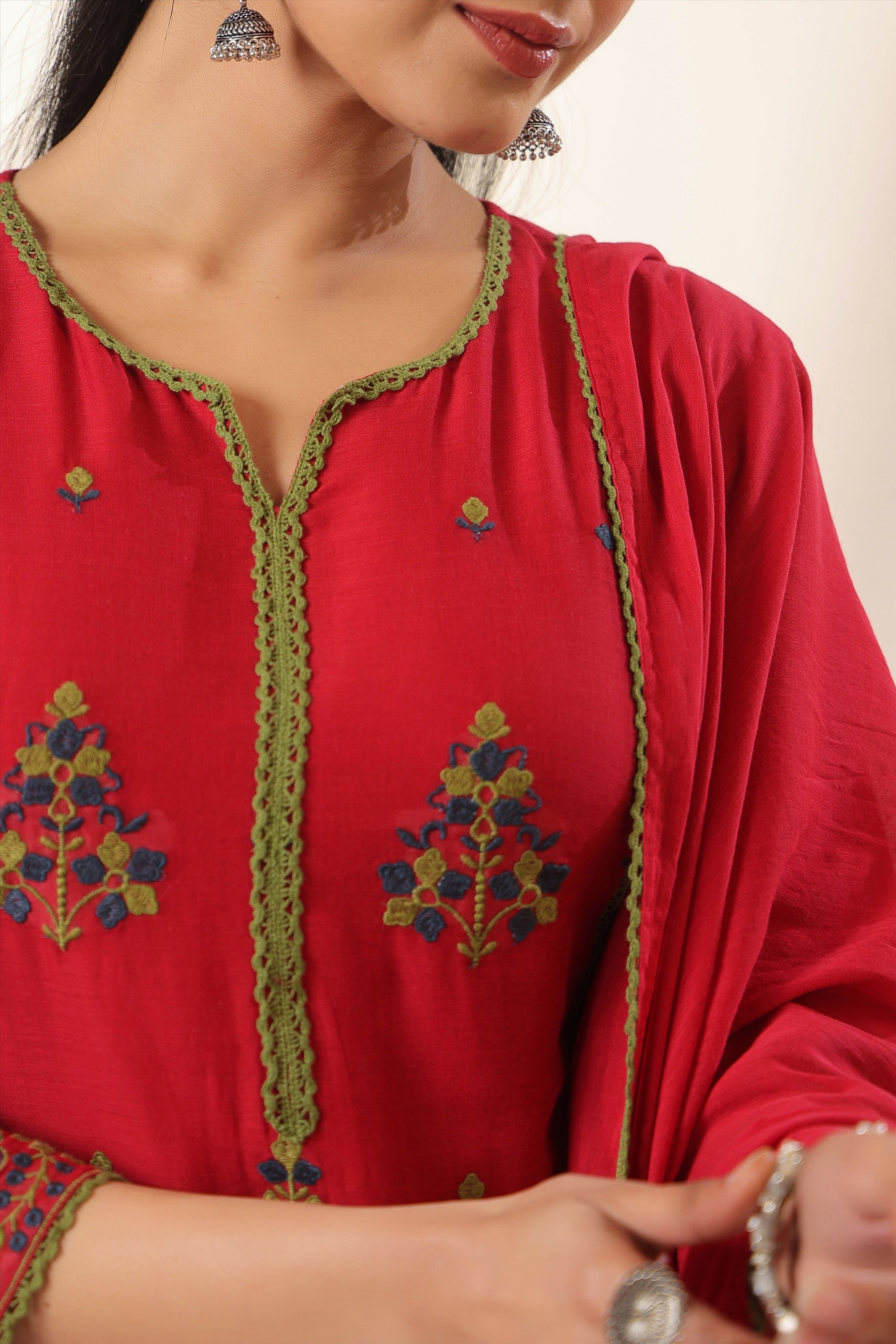 Red Embroidered Cotton Suit Set With Dupatta