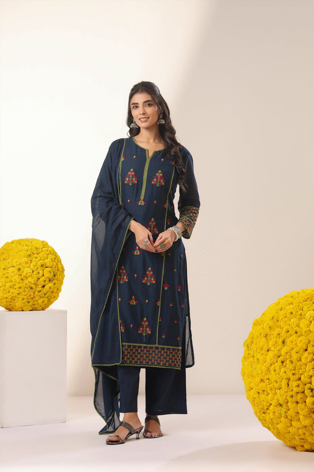 Navy Blue Embroidered Kurta Set with Dupatta | Elegant Ethnic Wear