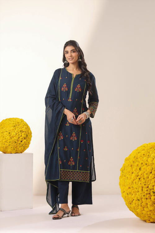 Navy Blue Embroidered Kurta Set with Dupatta | Elegant Ethnic Wear