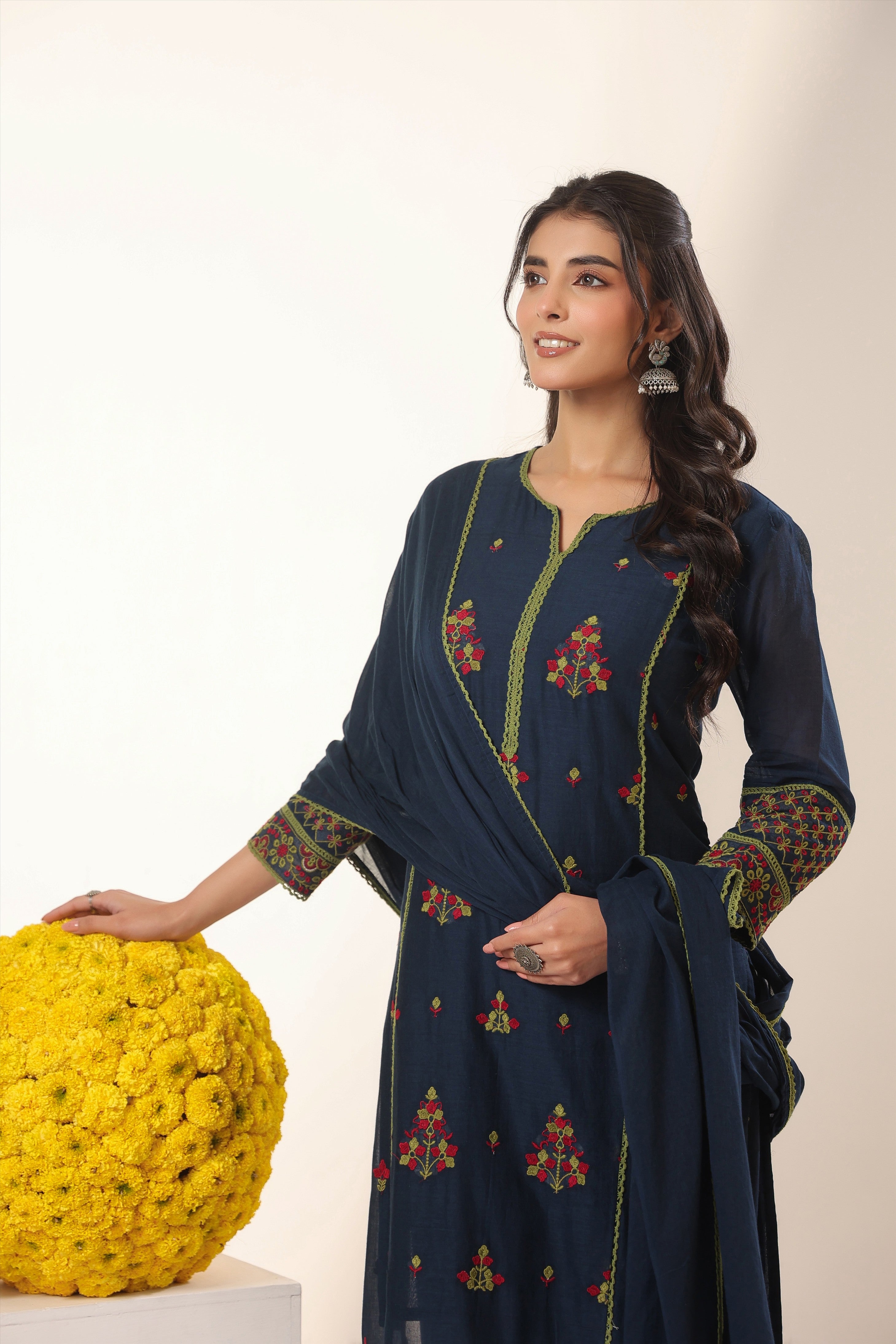 Navy Blue Embroidered Kurta Set with Dupatta | Elegant Ethnic Wear