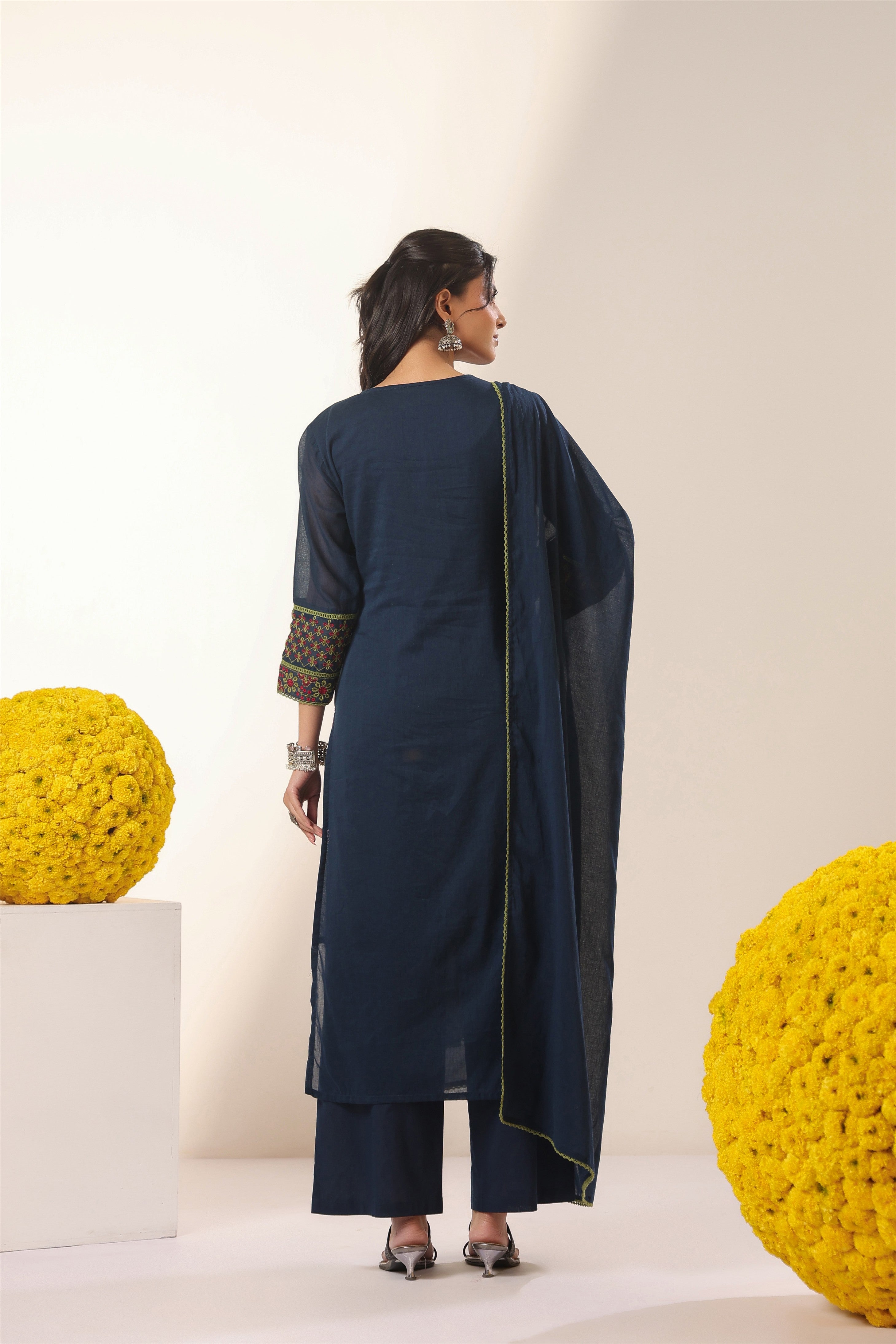 Navy Blue Embroidered Kurta Set with Dupatta | Elegant Ethnic Wear