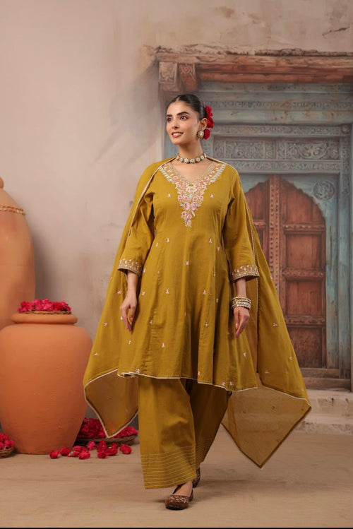Mustard Yellow Embroidered Anarkali Suit Set with Dupatta – Elegant Festive Wear for Women