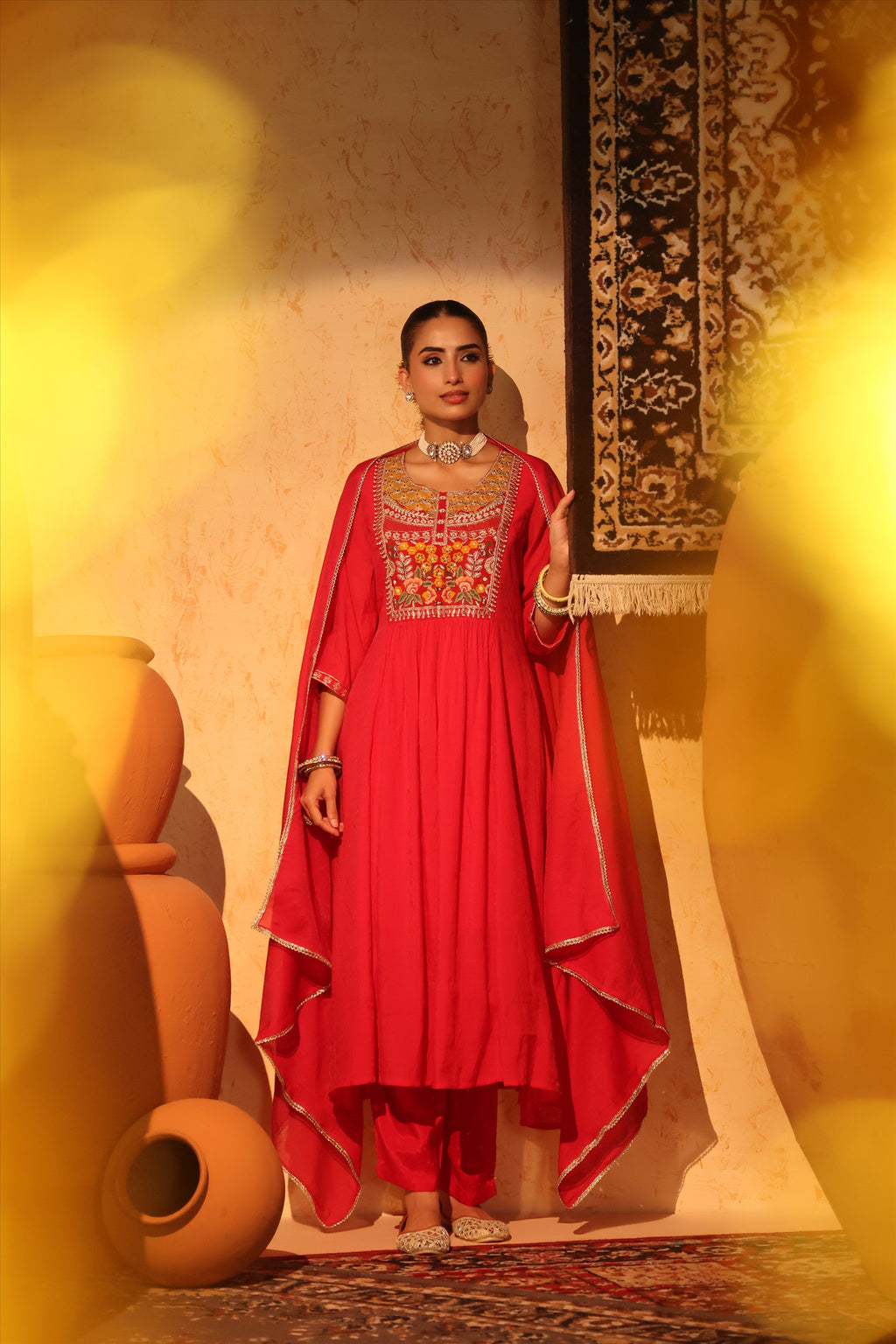 Elegant Red Anarkali Kurta Set with Heavy Embroidery & Dupatta