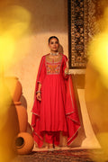 Elegant Red Anarkali Kurta Set with Heavy Embroidery & Dupatta