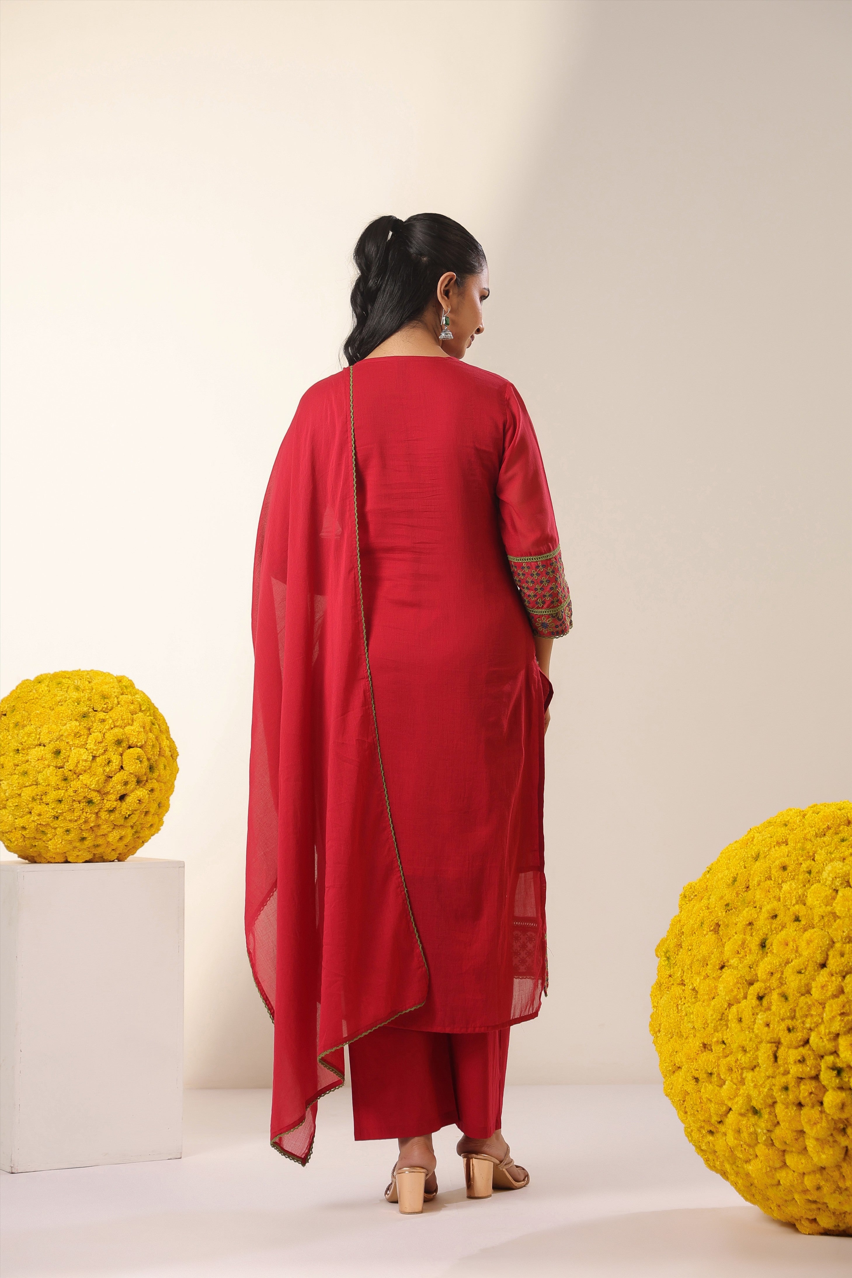 Red Embroidered Cotton Suit Set With Dupatta