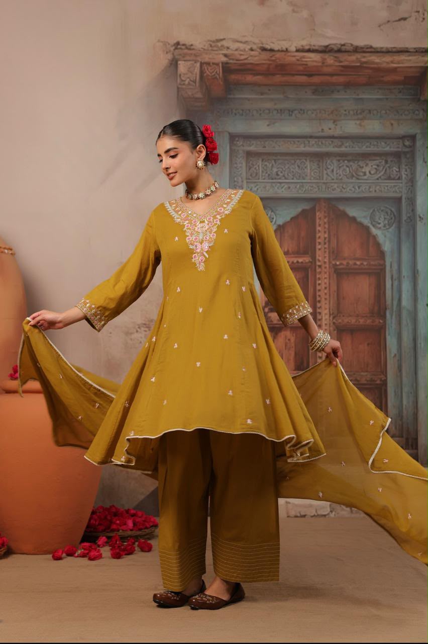 Mustard Yellow Embroidered Anarkali Suit Set with Dupatta – Elegant Festive Wear for Women