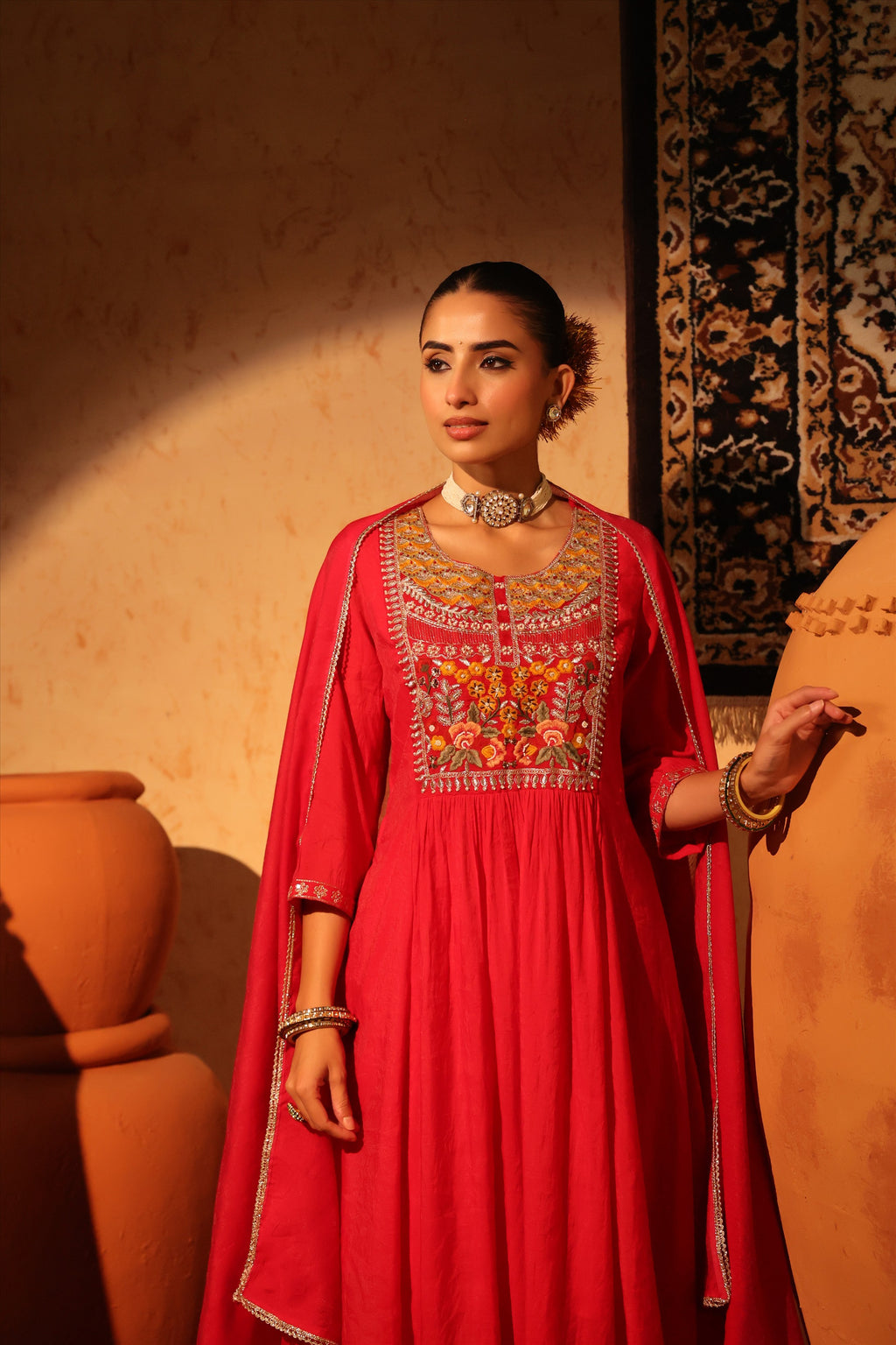 Elegant Red Anarkali Kurta Set with Heavy Embroidery & Dupatta