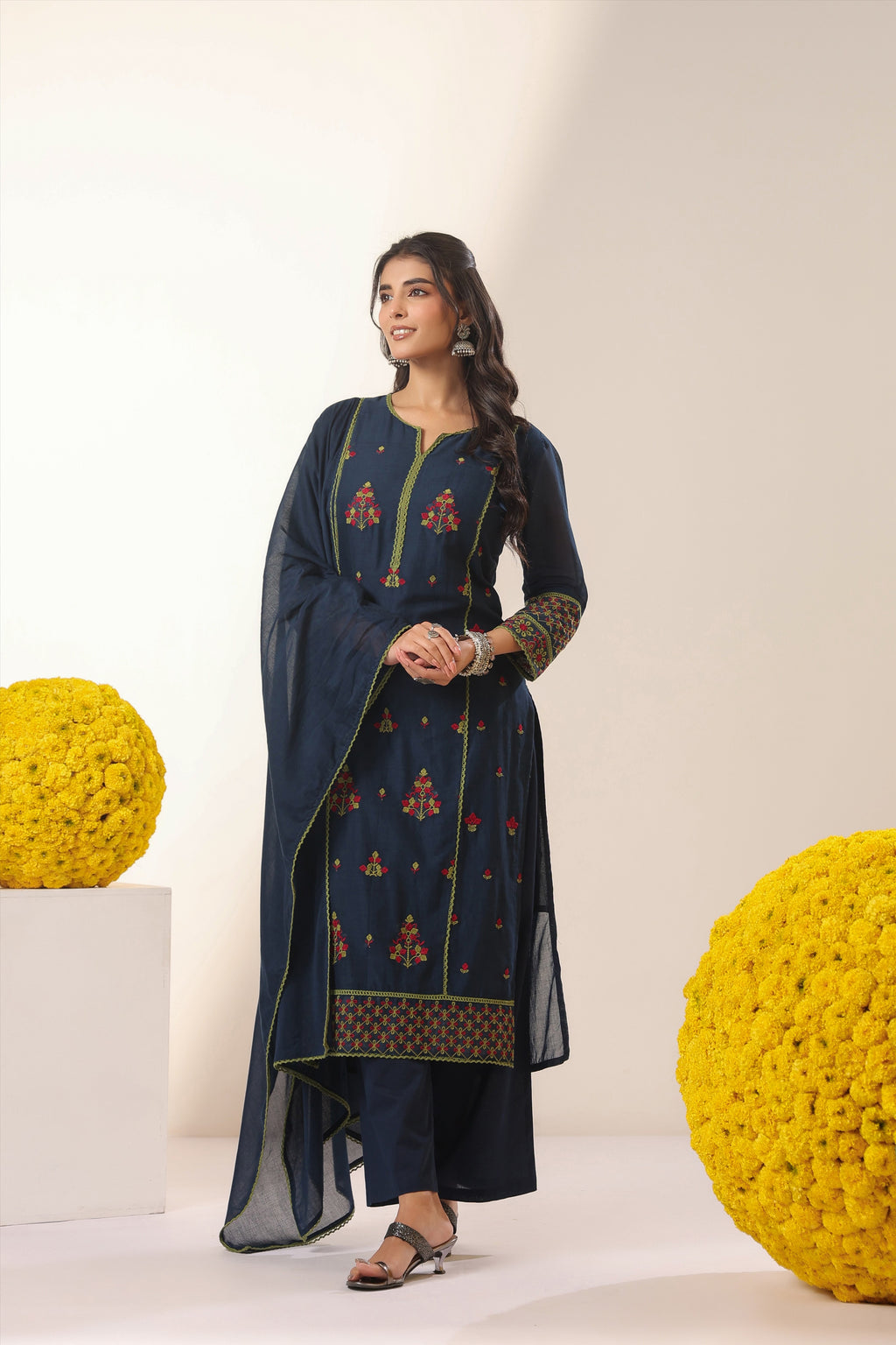 Navy Blue Embroidered Kurta Set with Dupatta | Elegant Ethnic Wear