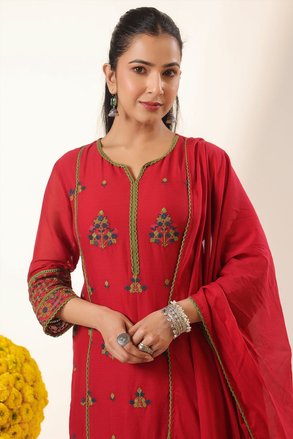 Red Embroidered Cotton Suit Set With Dupatta