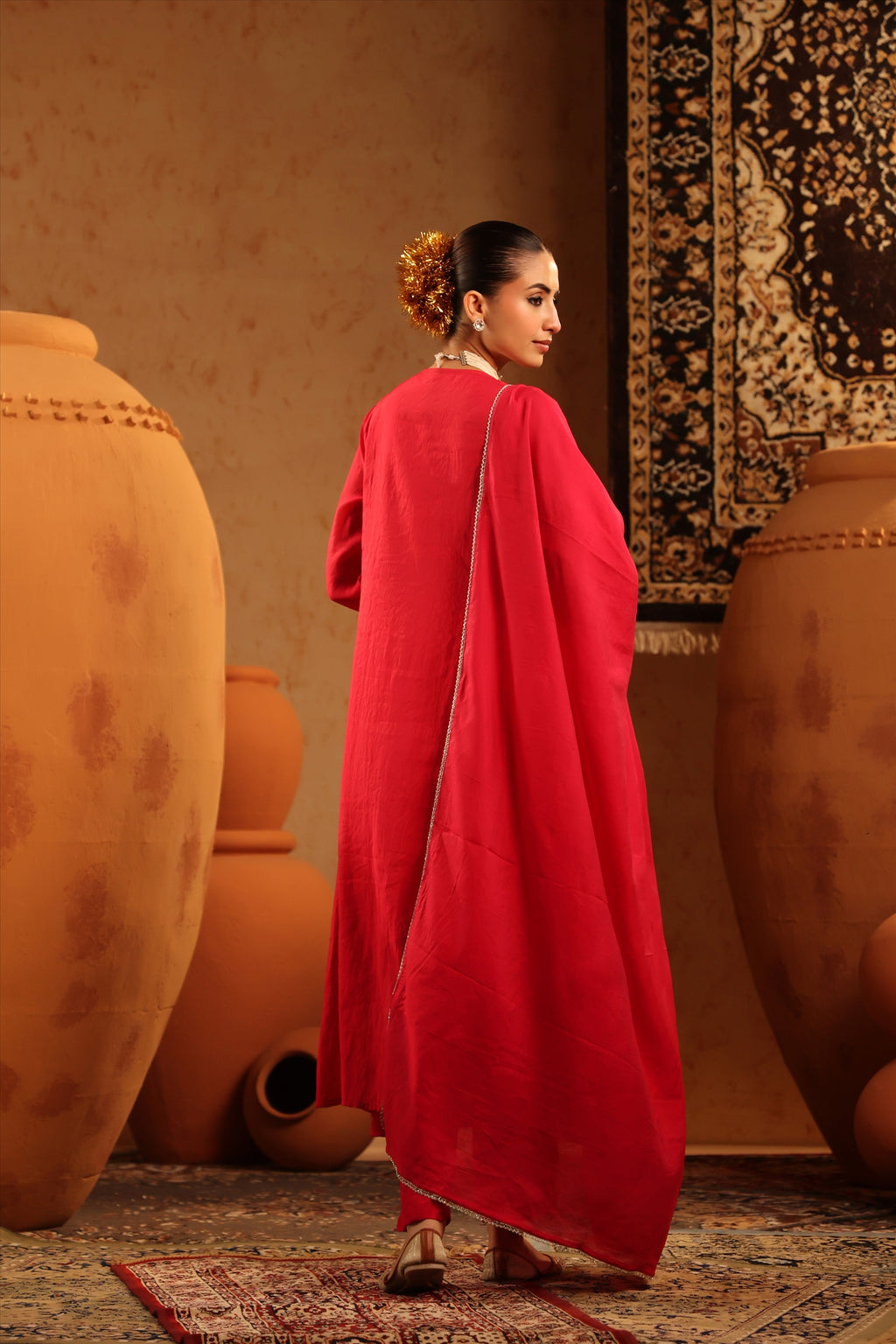 Elegant Red Anarkali Kurta Set with Heavy Embroidery & Dupatta