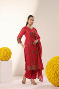Red Embroidered Cotton Suit Set With Dupatta